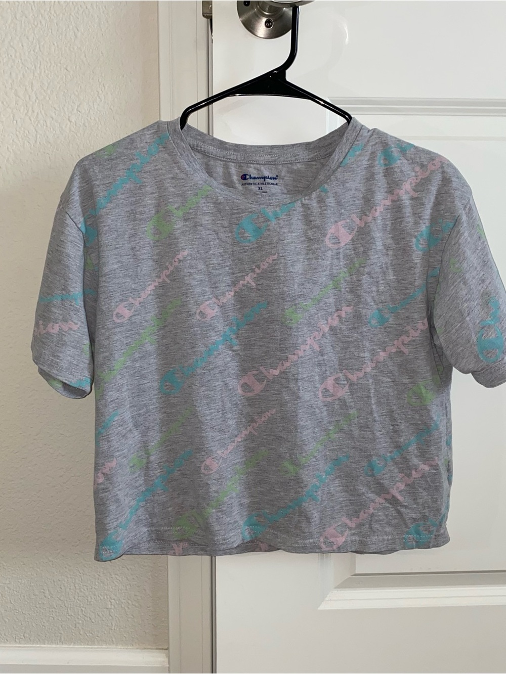 Champion Women’s Grey Crop Tee with Pastel Logo Print